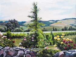 rock fence with roses and tree